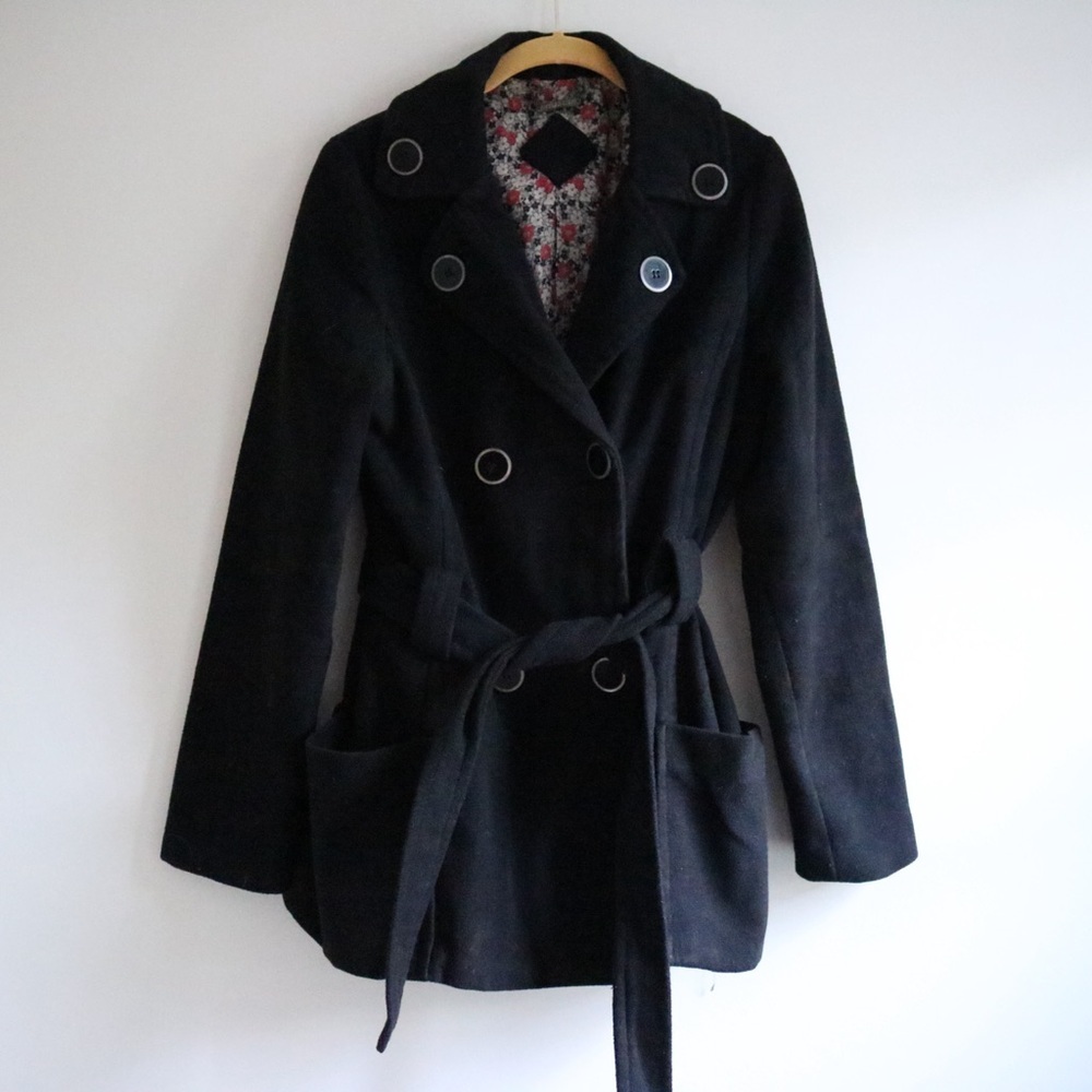 Jou Jou Black Double Breasted Tie Belt Wool Peacoat Junior